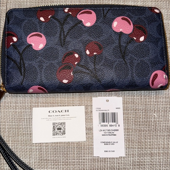 NWT Coach Cherry Print CityTote and Wallet Set -Navy Blue Pink Incl DB,Charm - Picture 11 of 15
